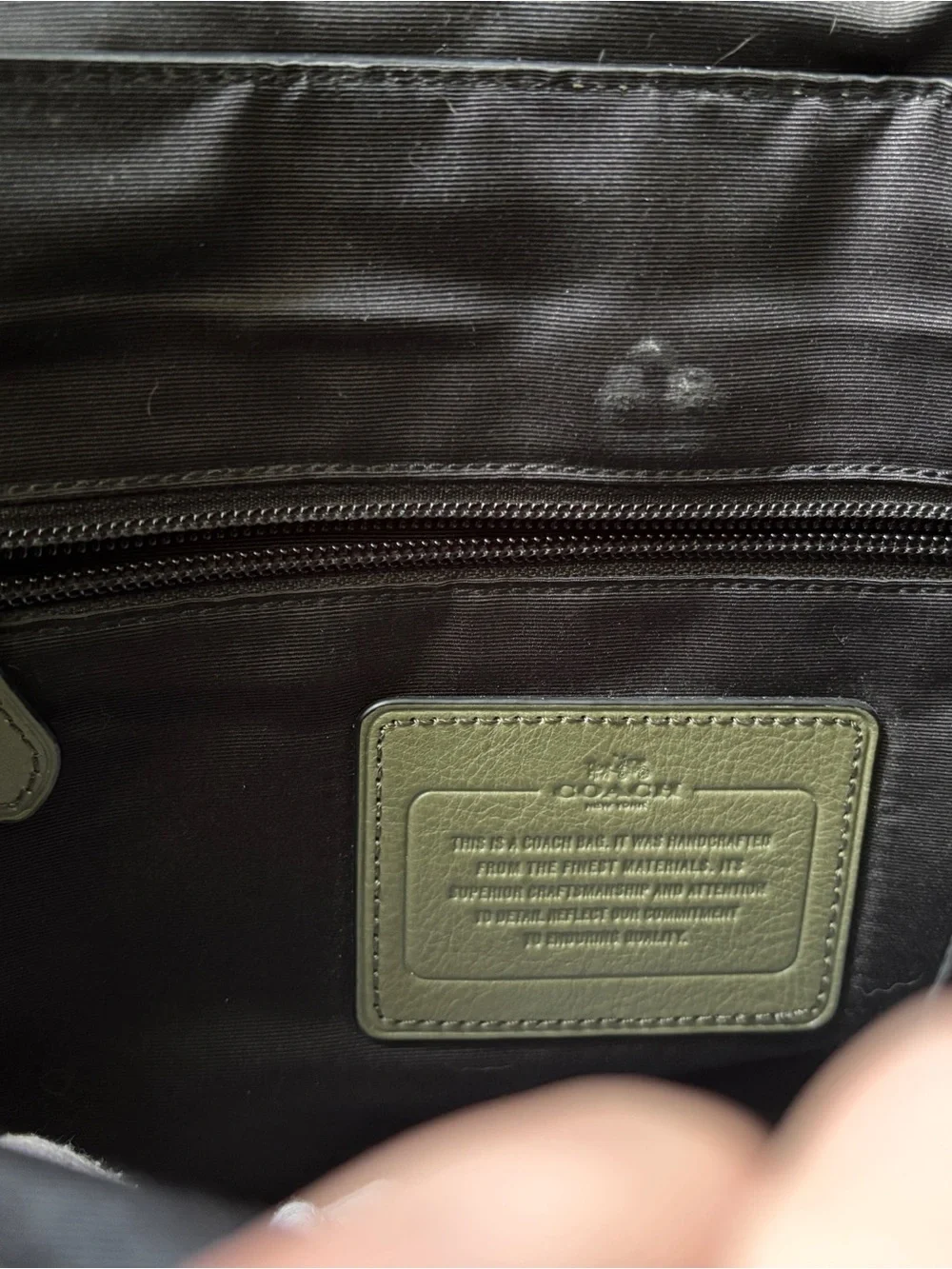 Coach Olive Green Leather Messenger Bag with Navy Strap